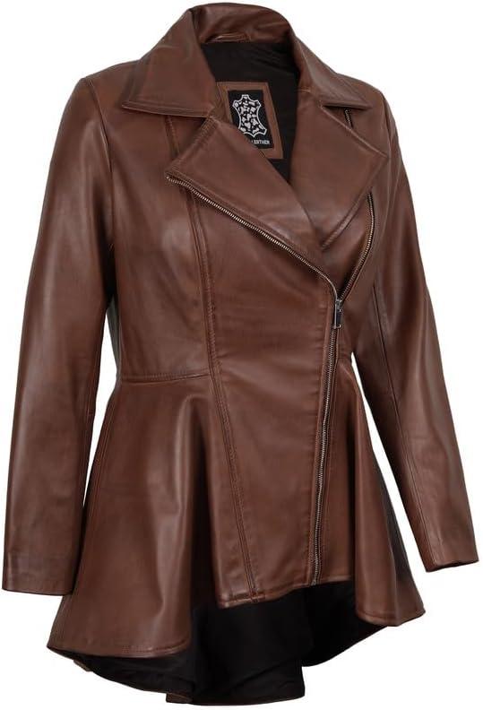 imageDecrum Womens Leather Jacket Real Leather Jacket for WomenPeplum Cognac Leather Jacket