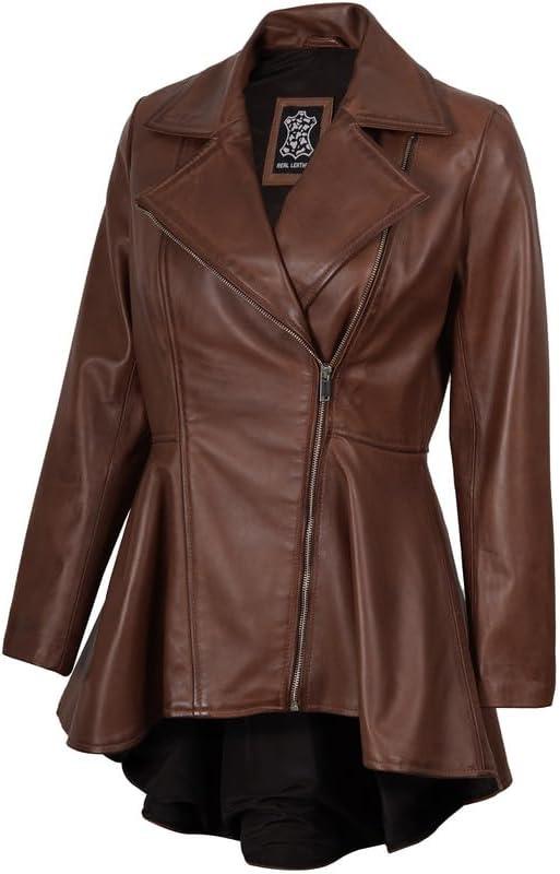 imageDecrum Womens Leather Jacket Real Leather Jacket for WomenPeplum Cognac Leather Jacket
