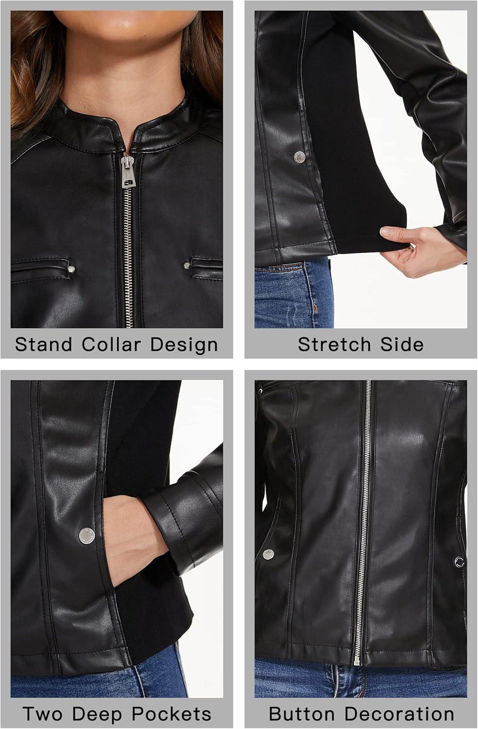 imageFahsyee Zip Leather Jackets for Women Motorcycle Faux PU Moto Biker Outwear CoatGlossy Black