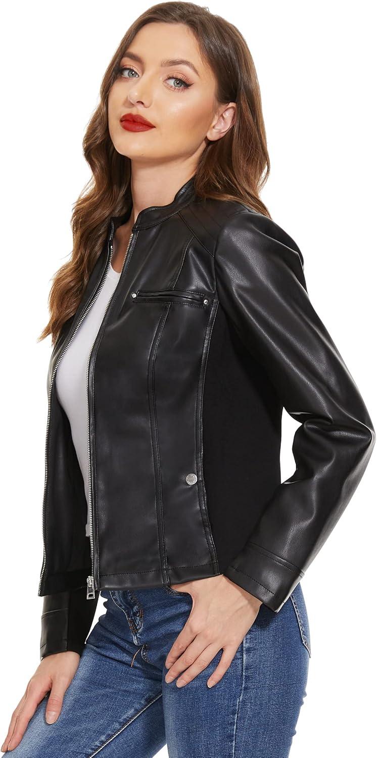 imageFahsyee Zip Leather Jackets for Women Motorcycle Faux PU Moto Biker Outwear CoatGlossy Black