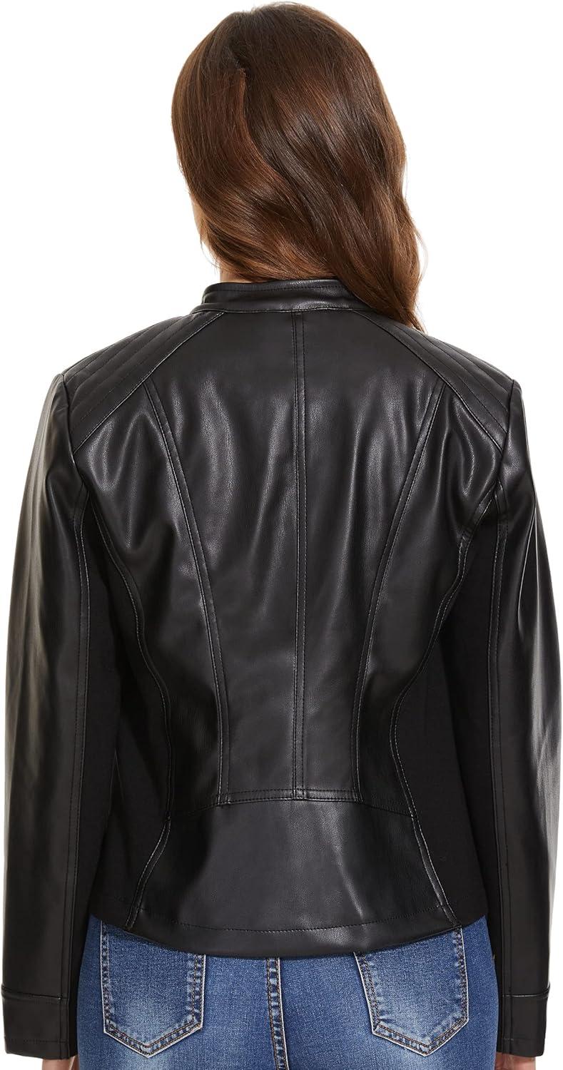 imageFahsyee Zip Leather Jackets for Women Motorcycle Faux PU Moto Biker Outwear CoatGlossy Black