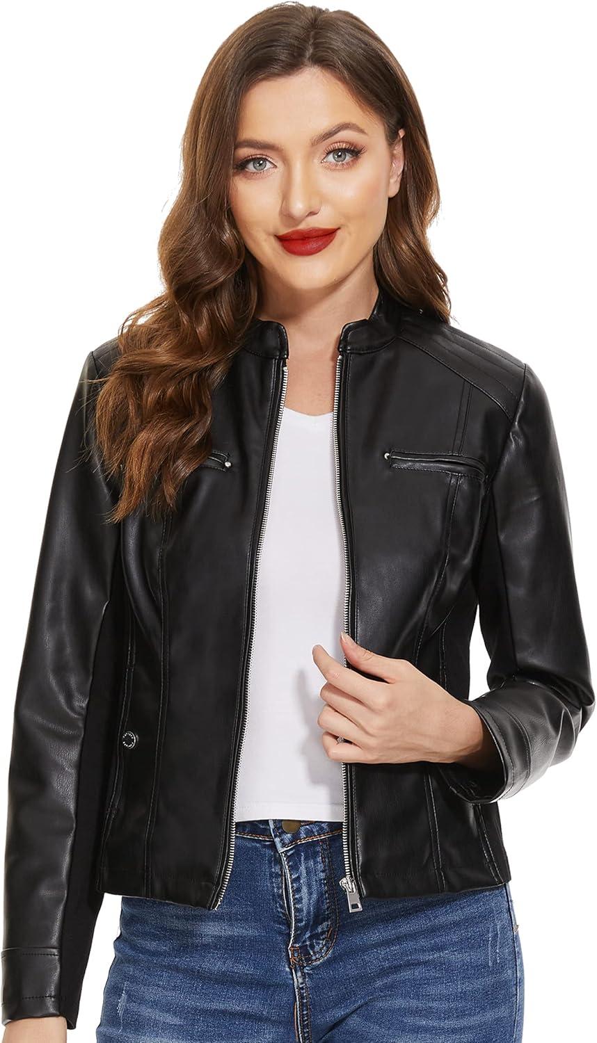 imageFahsyee Zip Leather Jackets for Women Motorcycle Faux PU Moto Biker Outwear CoatGlossy Black