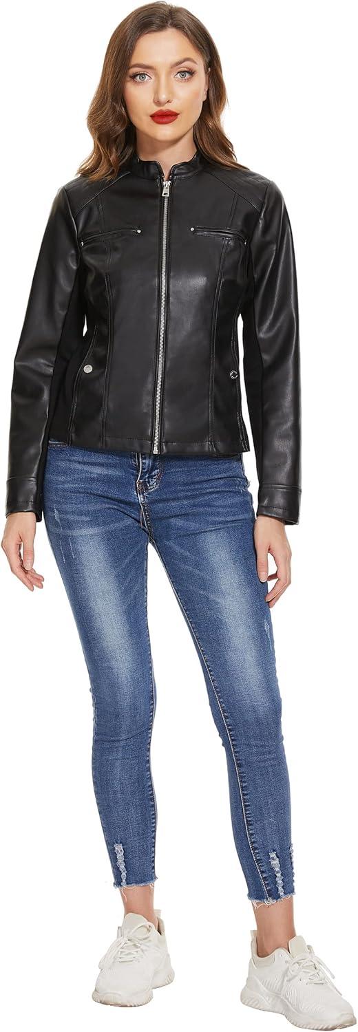 imageFahsyee Zip Leather Jackets for Women Motorcycle Faux PU Moto Biker Outwear CoatGlossy Black