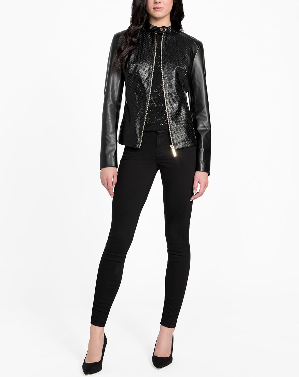 imageGUESS womens Mel Faux Leather BikerJet Black