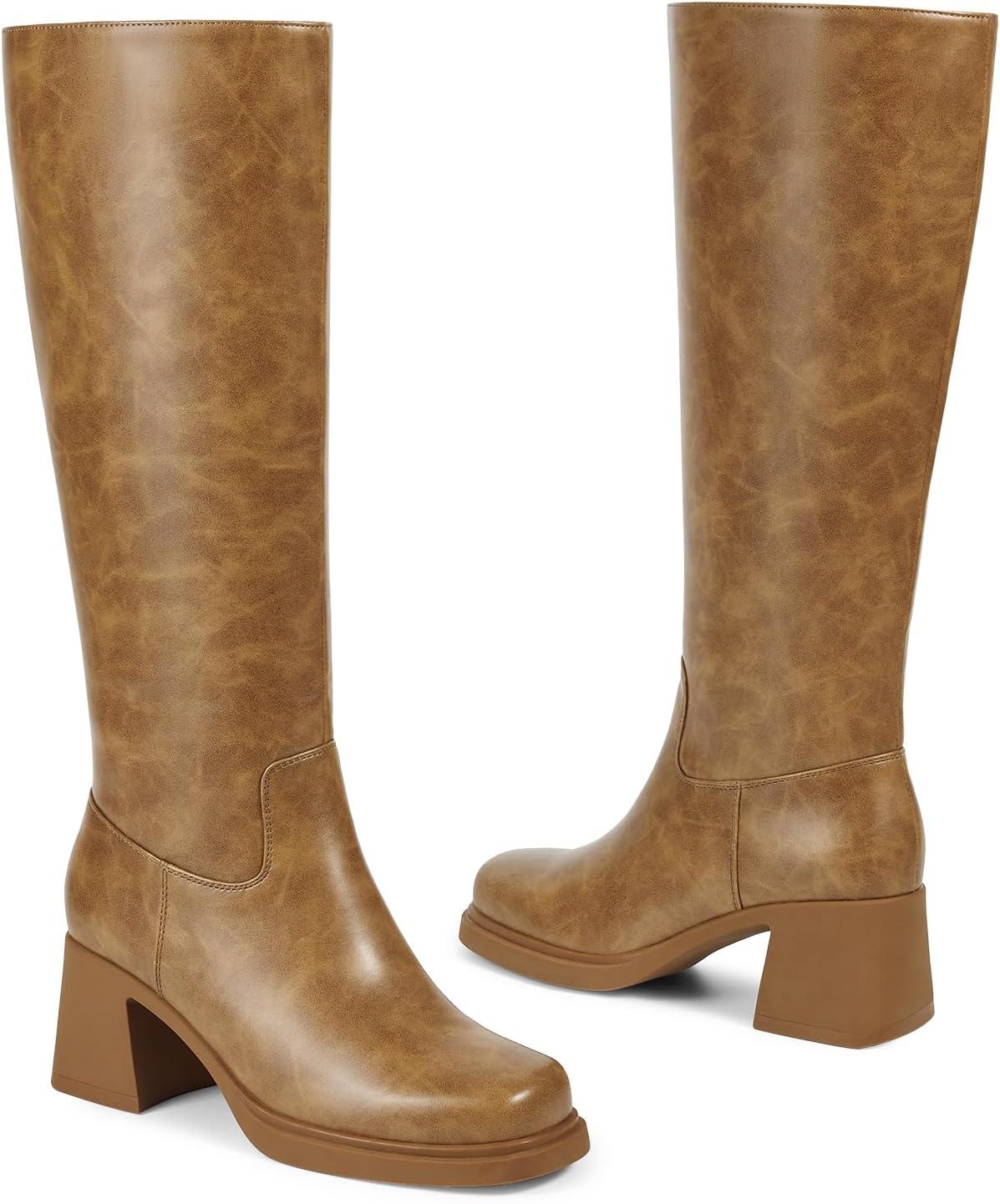 imageISNOM Knee High Boots Women Chunky Low Heel Square Toe Elastic Boots Side Zipper Faux Leather Fall Long Tall BootBrown Platform Heel