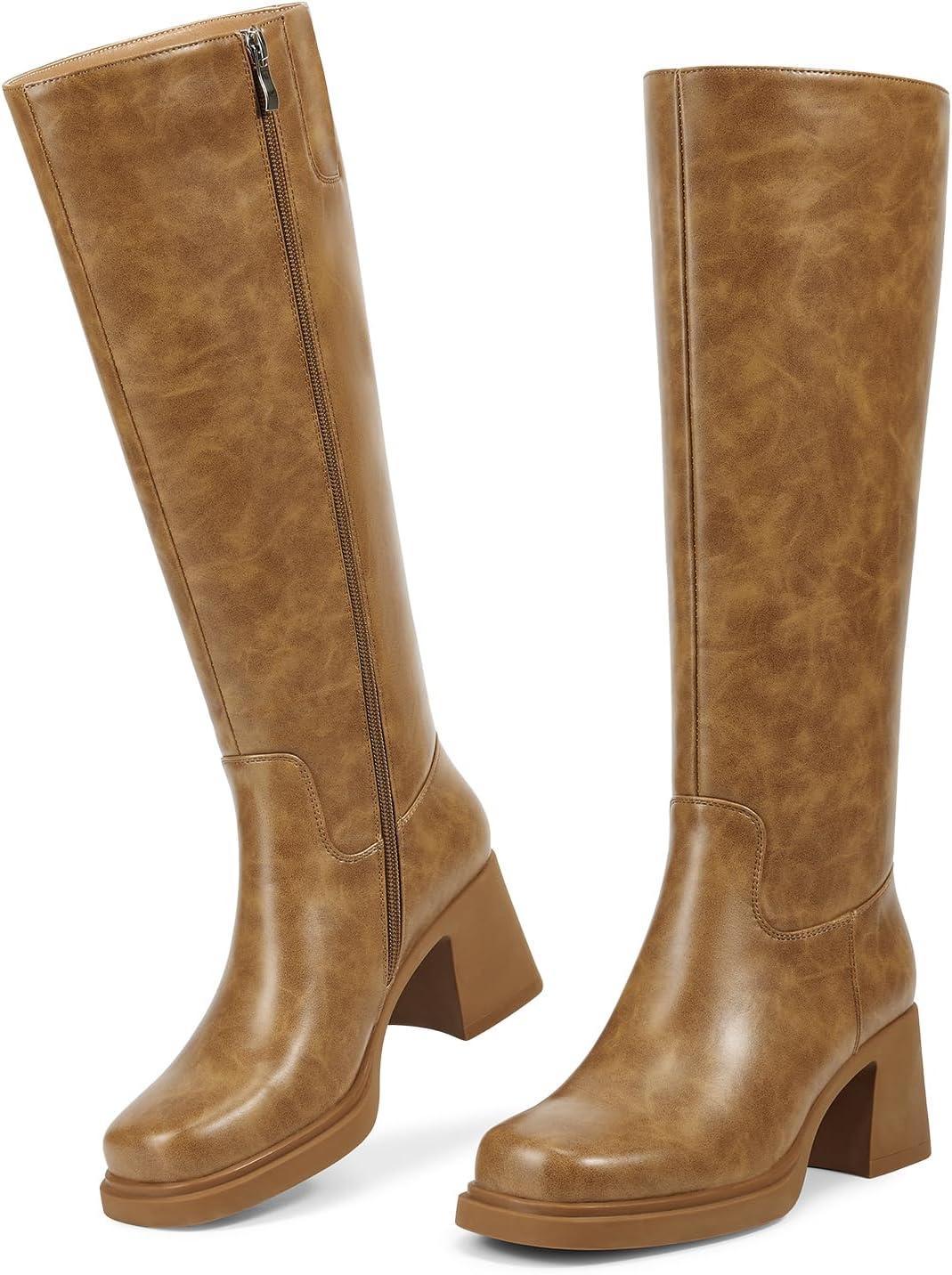 imageISNOM Knee High Boots Women Chunky Low Heel Square Toe Elastic Boots Side Zipper Faux Leather Fall Long Tall BootBrown Platform Heel