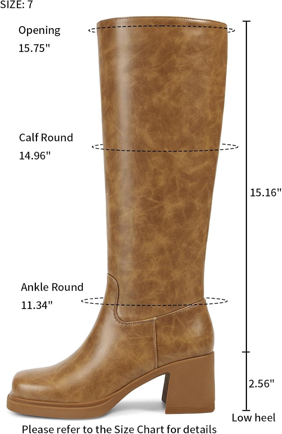 imageISNOM Knee High Boots Women Chunky Low Heel Square Toe Elastic Boots Side Zipper Faux Leather Fall Long Tall BootBrown Platform Heel