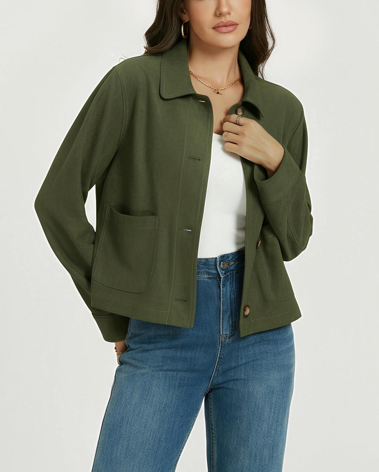 imageLadyful Womens Faux Suede Bomber Jacket Cropped Dressy Fall Casual Button Down Leather Coat OuterwearArym Green
