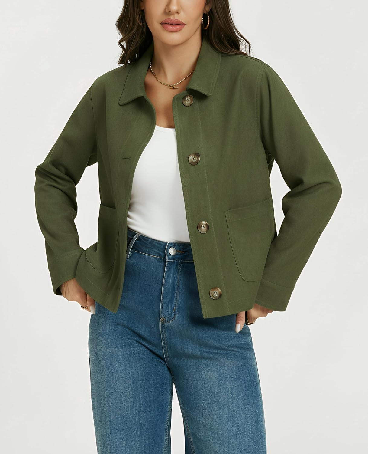 imageLadyful Womens Faux Suede Bomber Jacket Cropped Dressy Fall Casual Button Down Leather Coat OuterwearArym Green