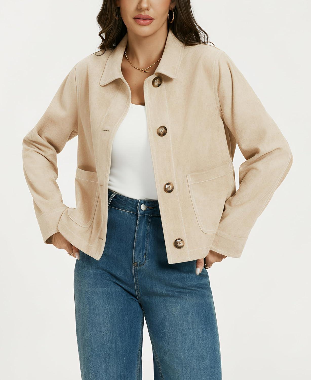 imageLadyful Womens Faux Suede Bomber Jacket Cropped Dressy Fall Casual Button Down Leather Coat OuterwearBeige