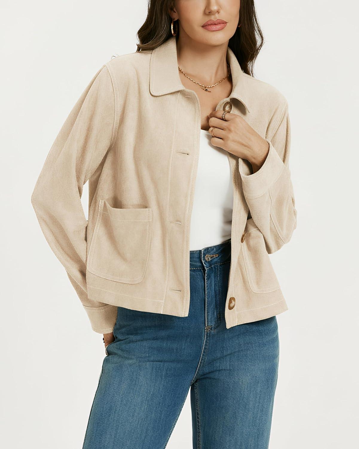 imageLadyful Womens Faux Suede Bomber Jacket Cropped Dressy Fall Casual Button Down Leather Coat OuterwearBeige