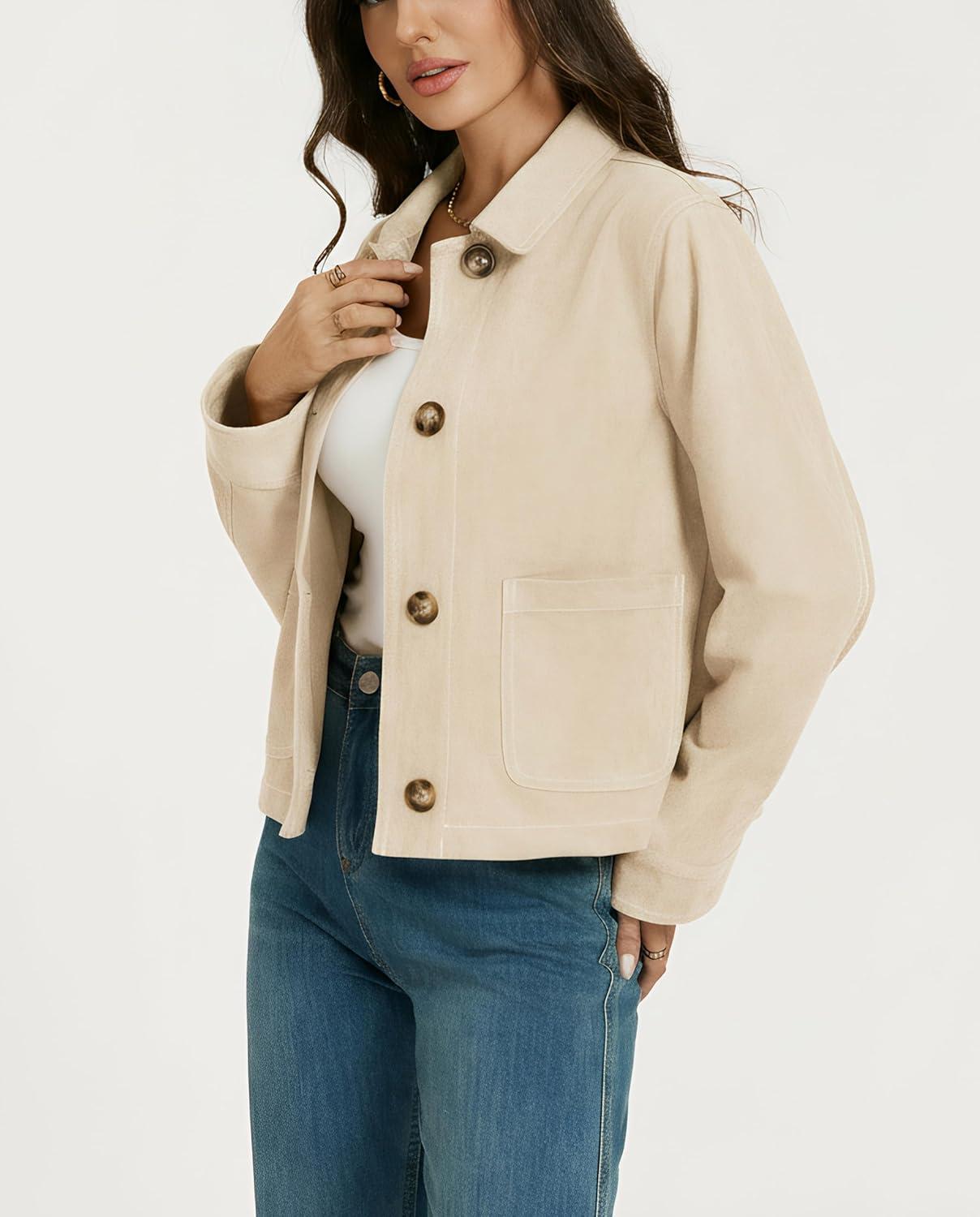imageLadyful Womens Faux Suede Bomber Jacket Cropped Dressy Fall Casual Button Down Leather Coat OuterwearBeige