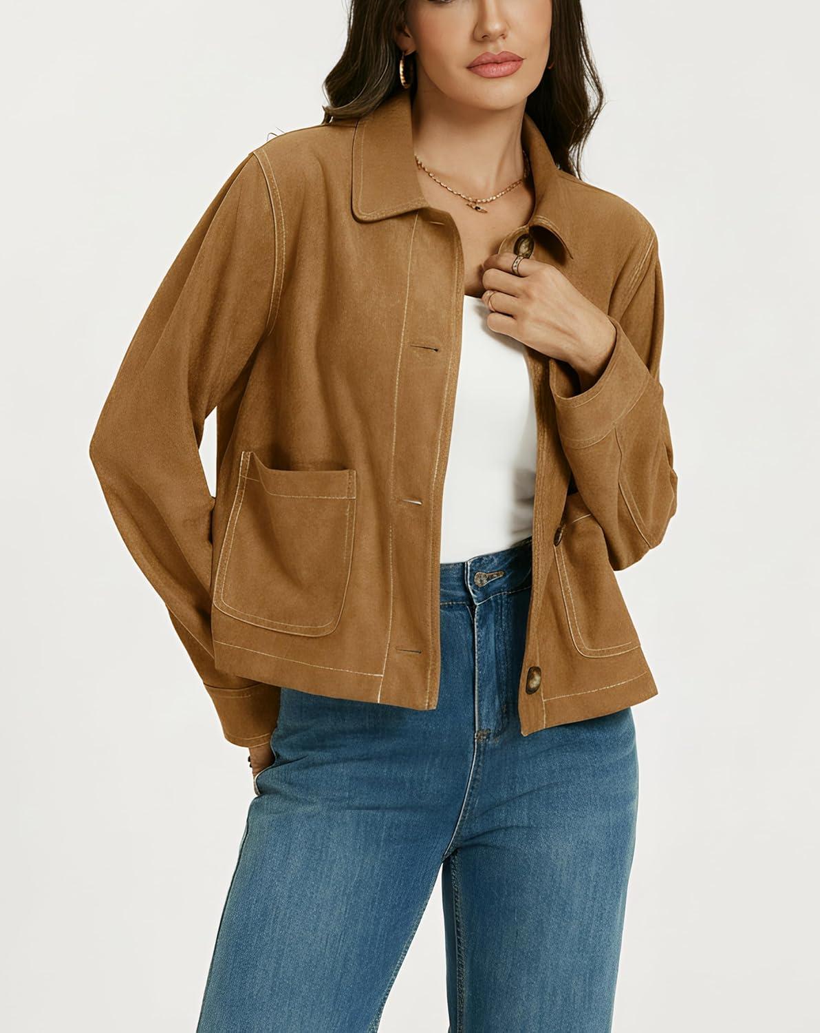 imageLadyful Womens Faux Suede Bomber Jacket Cropped Dressy Fall Casual Button Down Leather Coat OuterwearBrown