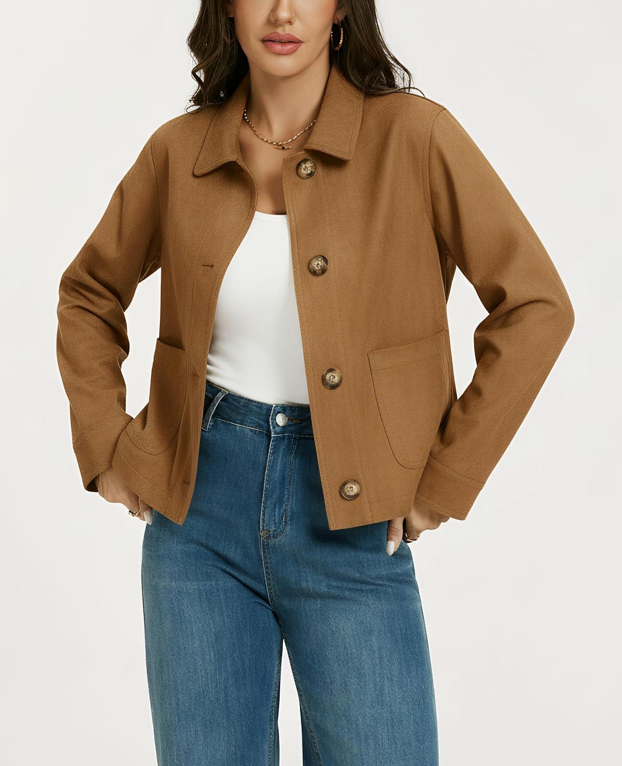 imageLadyful Womens Faux Suede Bomber Jacket Cropped Dressy Fall Casual Button Down Leather Coat OuterwearBrown