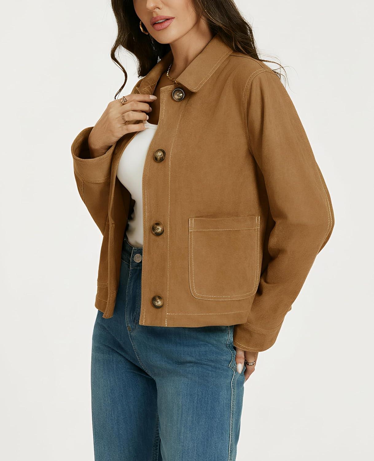 imageLadyful Womens Faux Suede Bomber Jacket Cropped Dressy Fall Casual Button Down Leather Coat OuterwearBrown