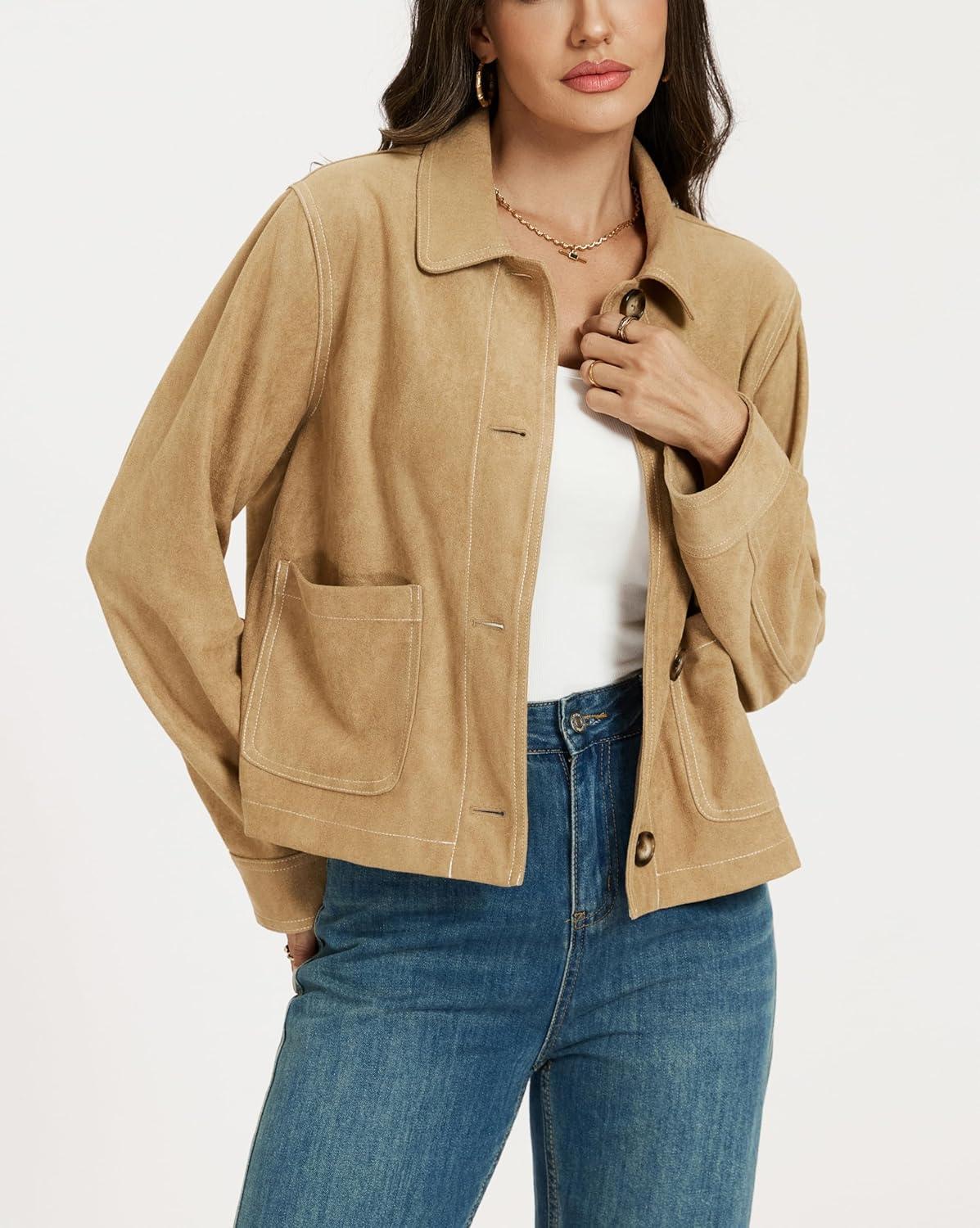 imageLadyful Womens Faux Suede Bomber Jacket Cropped Dressy Fall Casual Button Down Leather Coat OuterwearKhaki