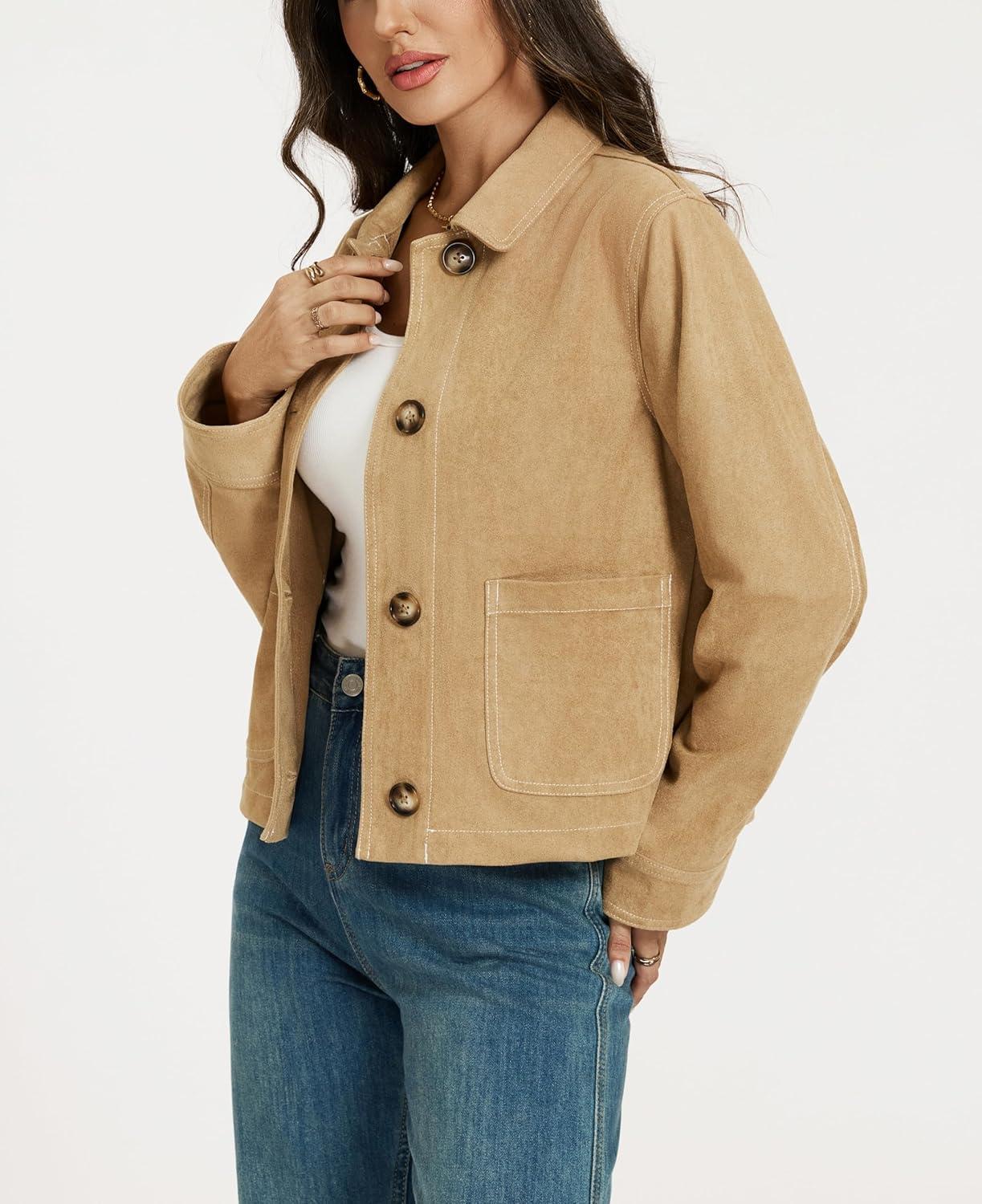 imageLadyful Womens Faux Suede Bomber Jacket Cropped Dressy Fall Casual Button Down Leather Coat OuterwearKhaki