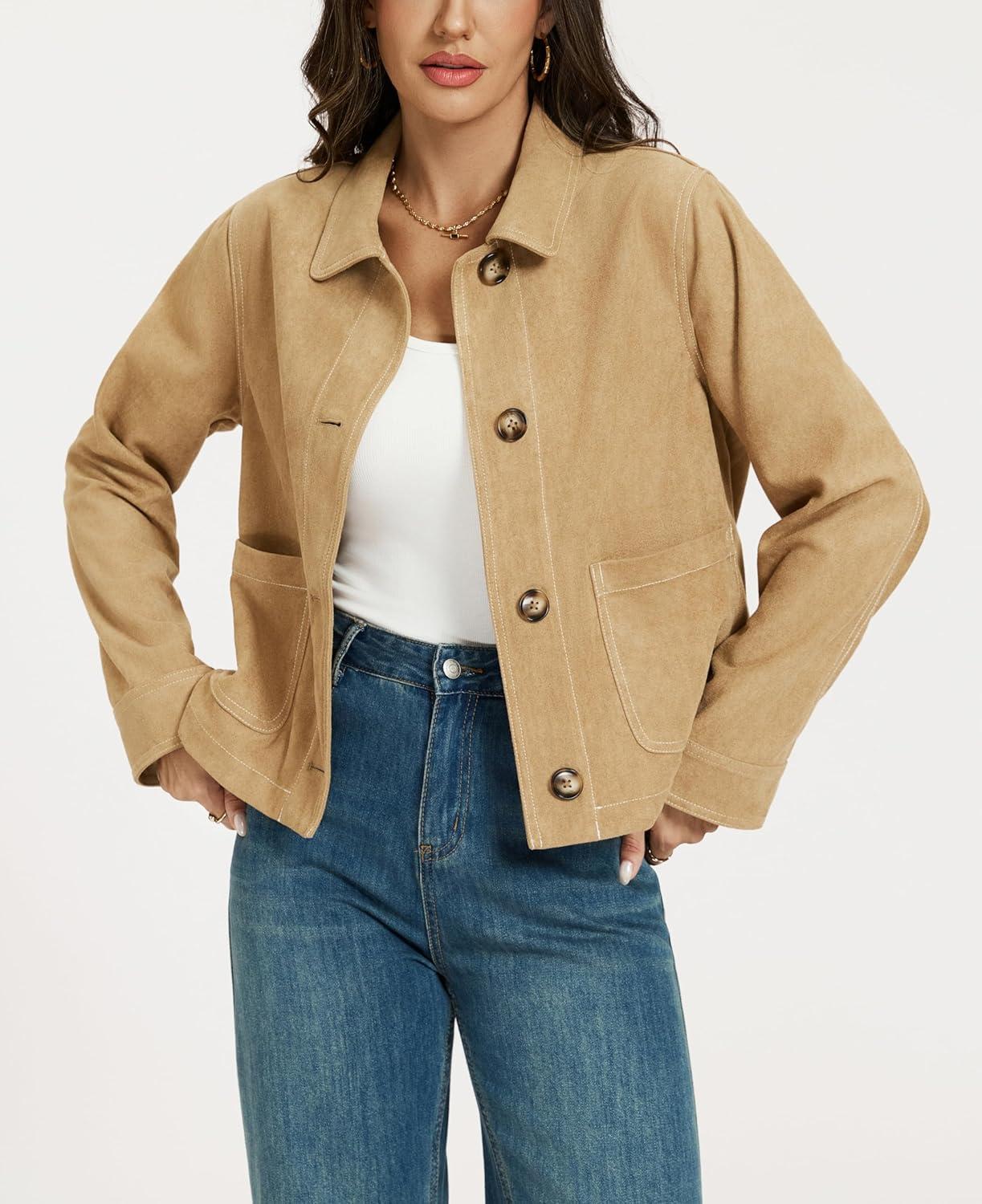 imageLadyful Womens Faux Suede Bomber Jacket Cropped Dressy Fall Casual Button Down Leather Coat OuterwearKhaki