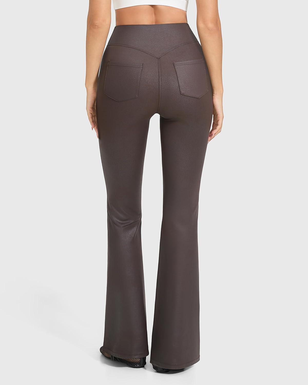 imageMOOSLOVER Women Faux Leather Flare Leggings Stretch PU Coated High Waisted Bell Bottom PantsBrown