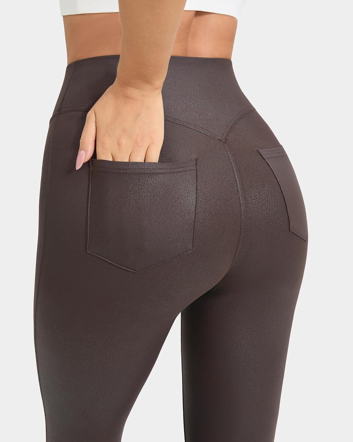 imageMOOSLOVER Women Faux Leather Flare Leggings Stretch PU Coated High Waisted Bell Bottom PantsBrown