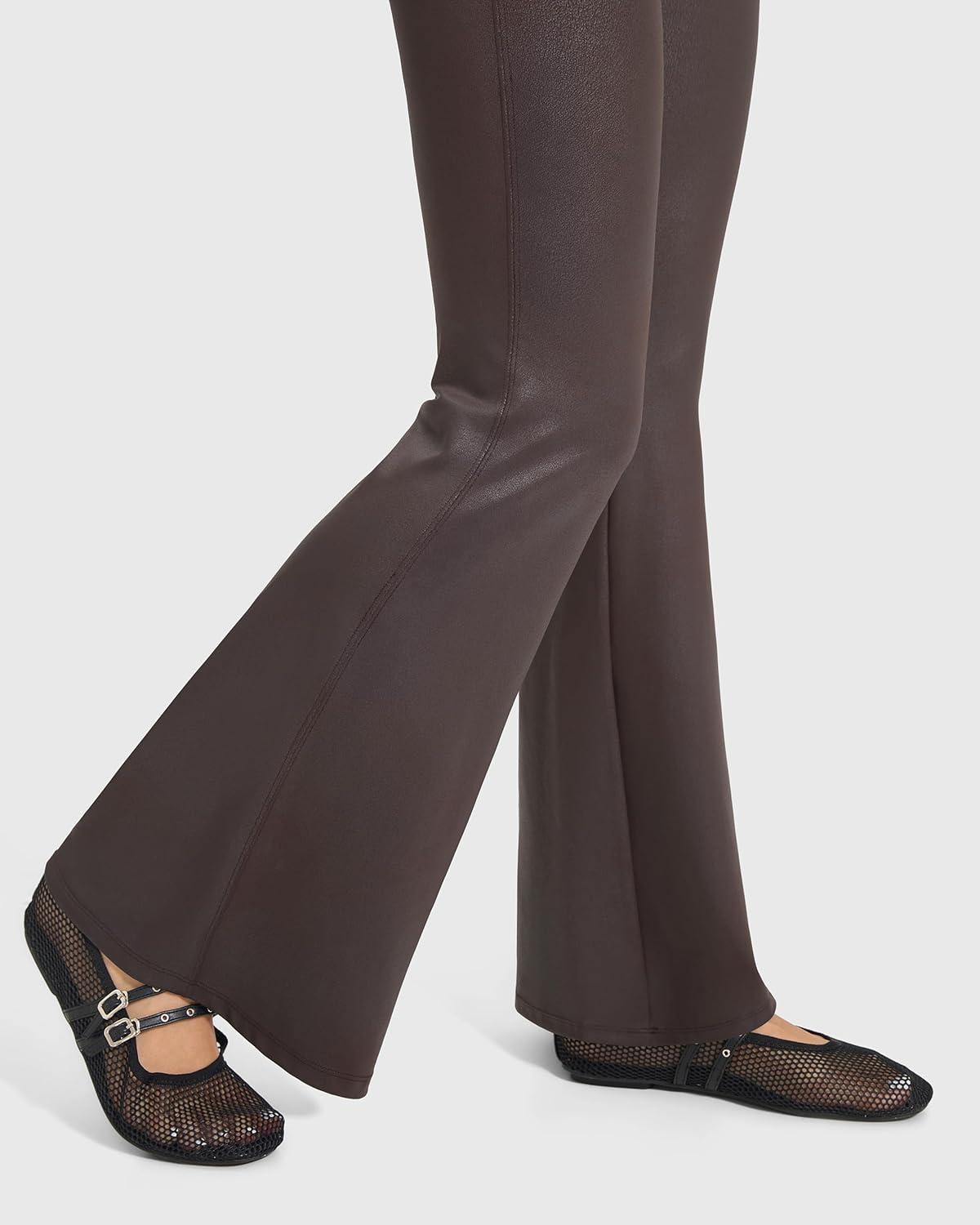 imageMOOSLOVER Women Faux Leather Flare Leggings Stretch PU Coated High Waisted Bell Bottom PantsBrown