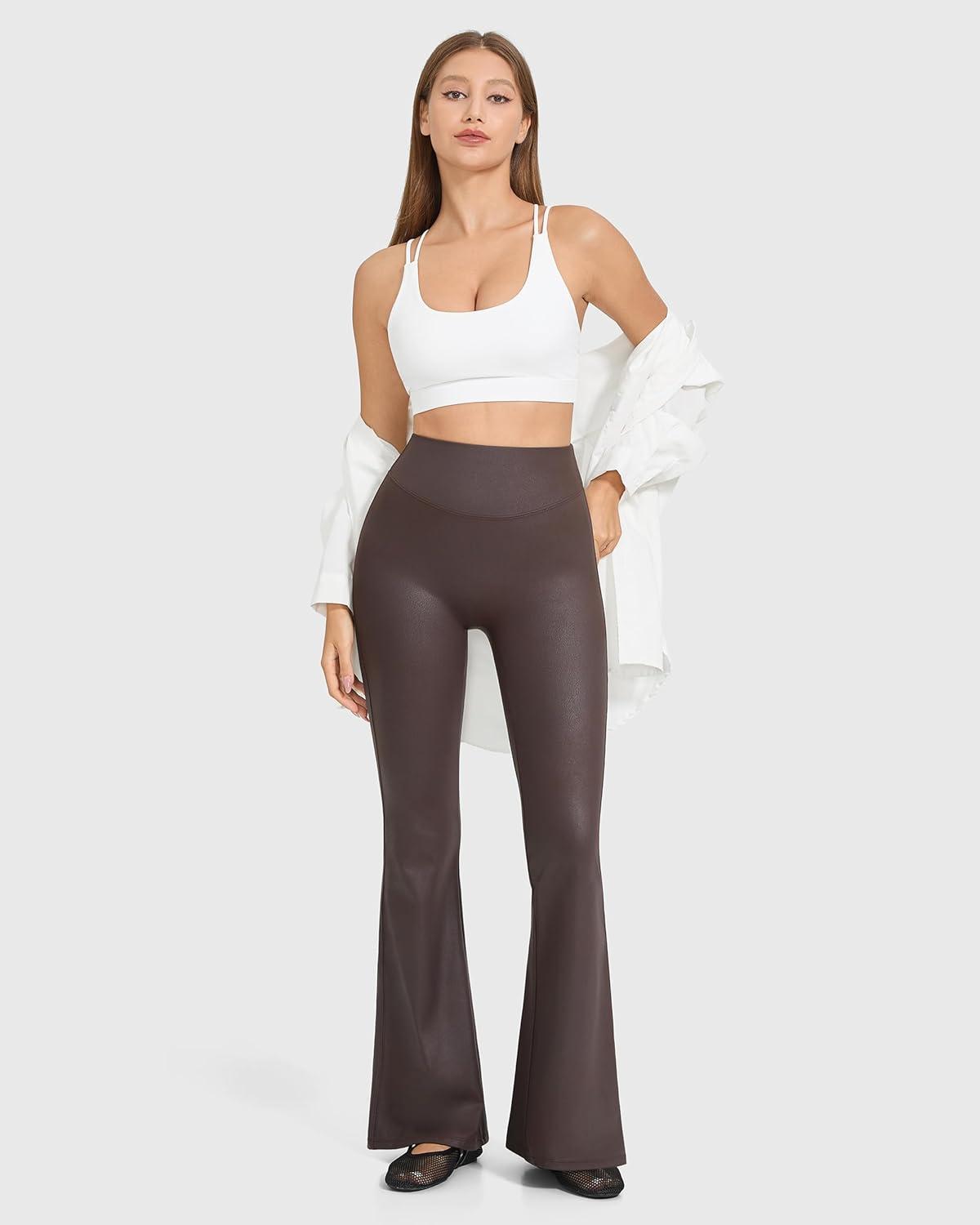 imageMOOSLOVER Women Faux Leather Flare Leggings Stretch PU Coated High Waisted Bell Bottom PantsBrown