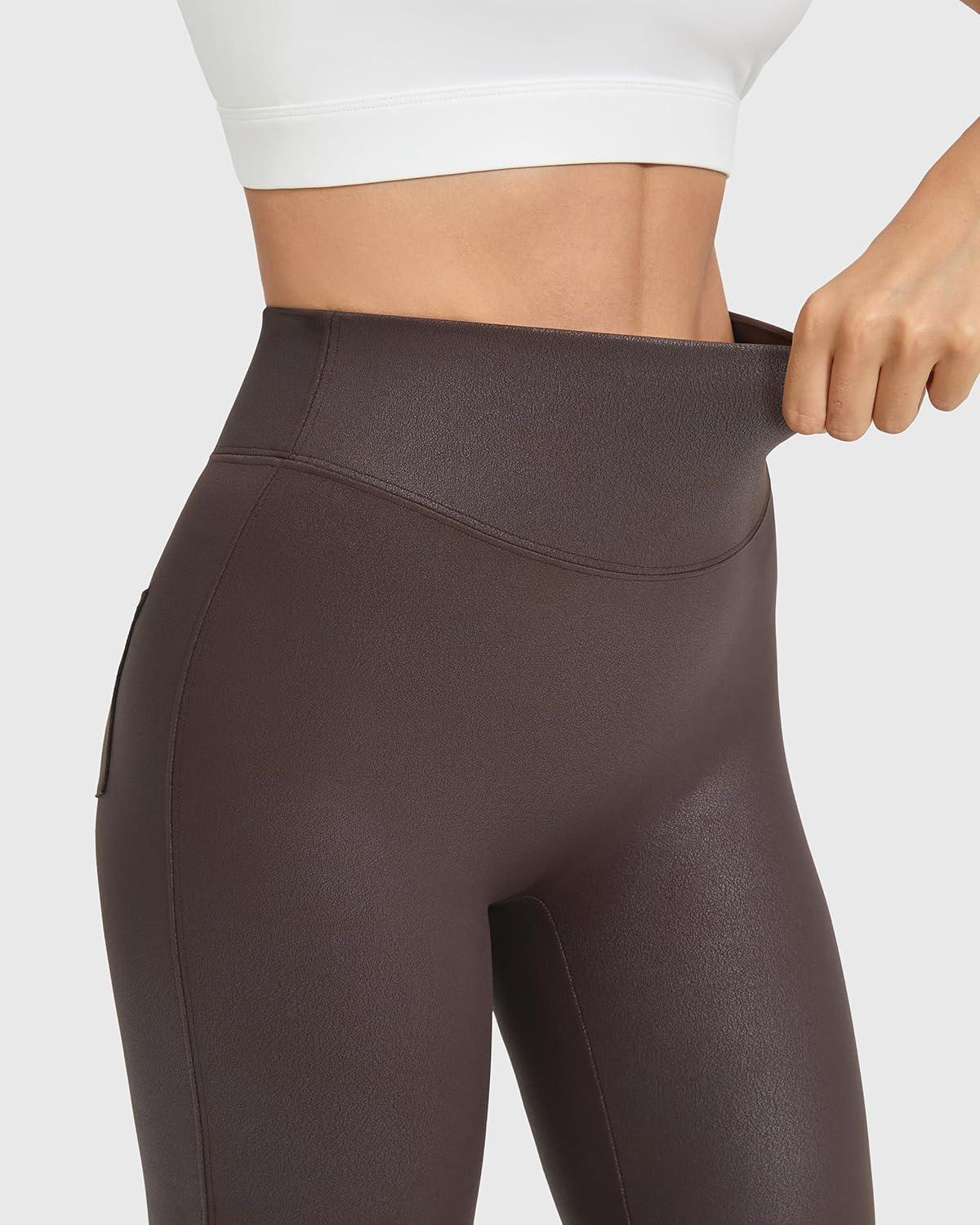 imageMOOSLOVER Women Faux Leather Flare Leggings Stretch PU Coated High Waisted Bell Bottom PantsBrown