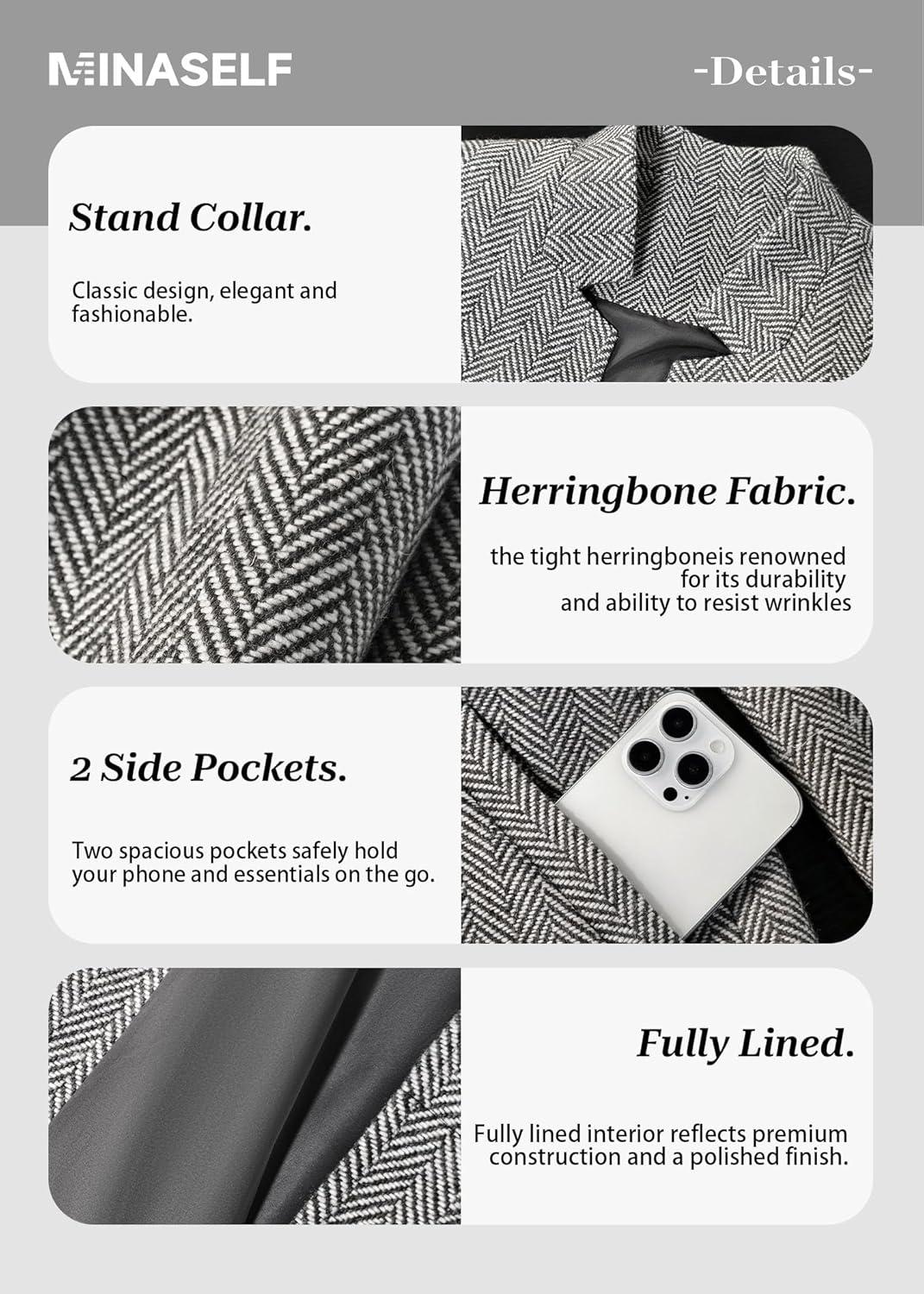 imageMina Self 2026 Spring Womens Tweed Plaid Blazer Jacket Fully Lined Open Front Stand Collar Casual Fashion Work Office CoatHerringbonegrey