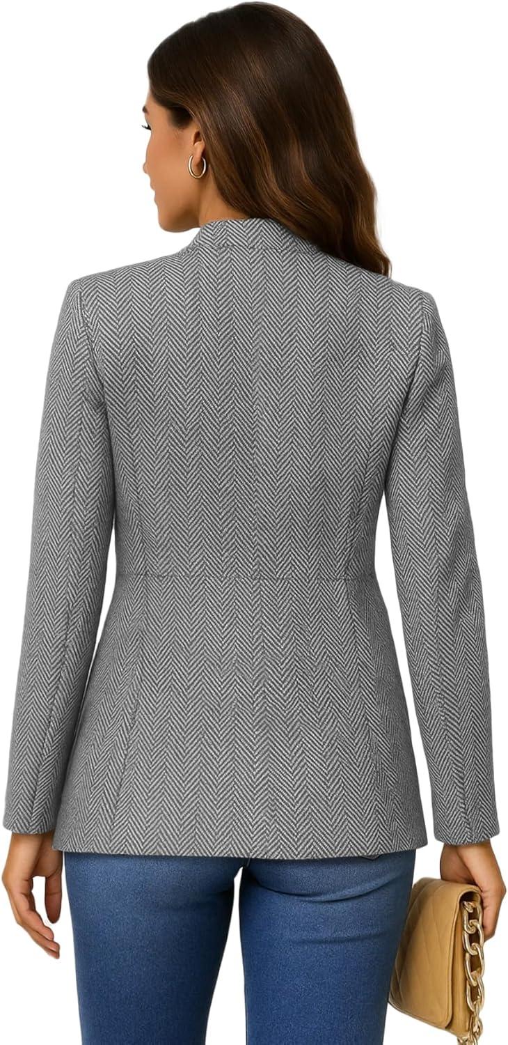 imageMina Self 2026 Spring Womens Tweed Plaid Blazer Jacket Fully Lined Open Front Stand Collar Casual Fashion Work Office CoatHerringbonegrey