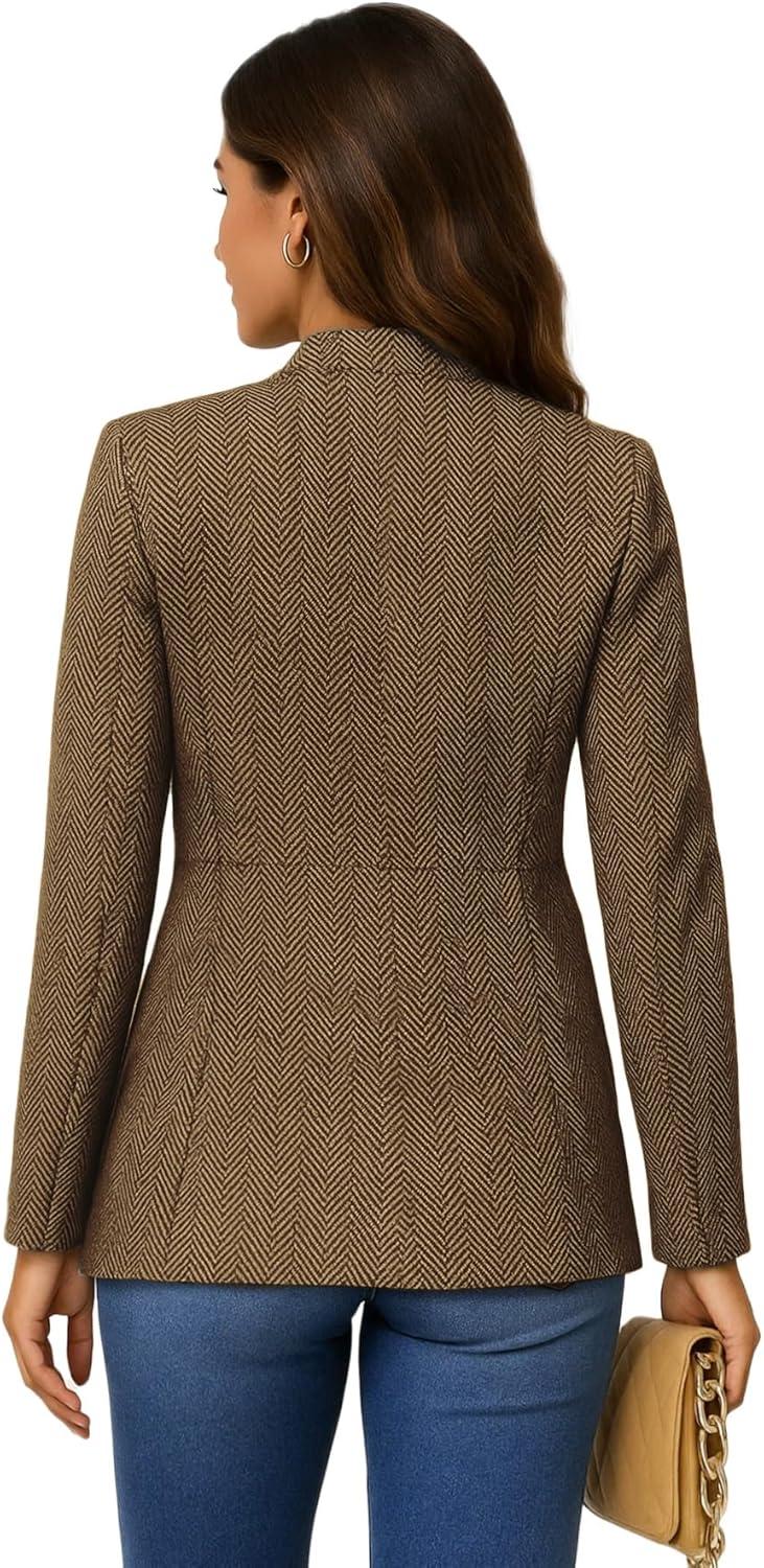 imageMina Self 2026 Spring Womens Tweed Plaid Blazer Jacket Fully Lined Open Front Stand Collar Casual Fashion Work Office CoatHerringbonekhaki