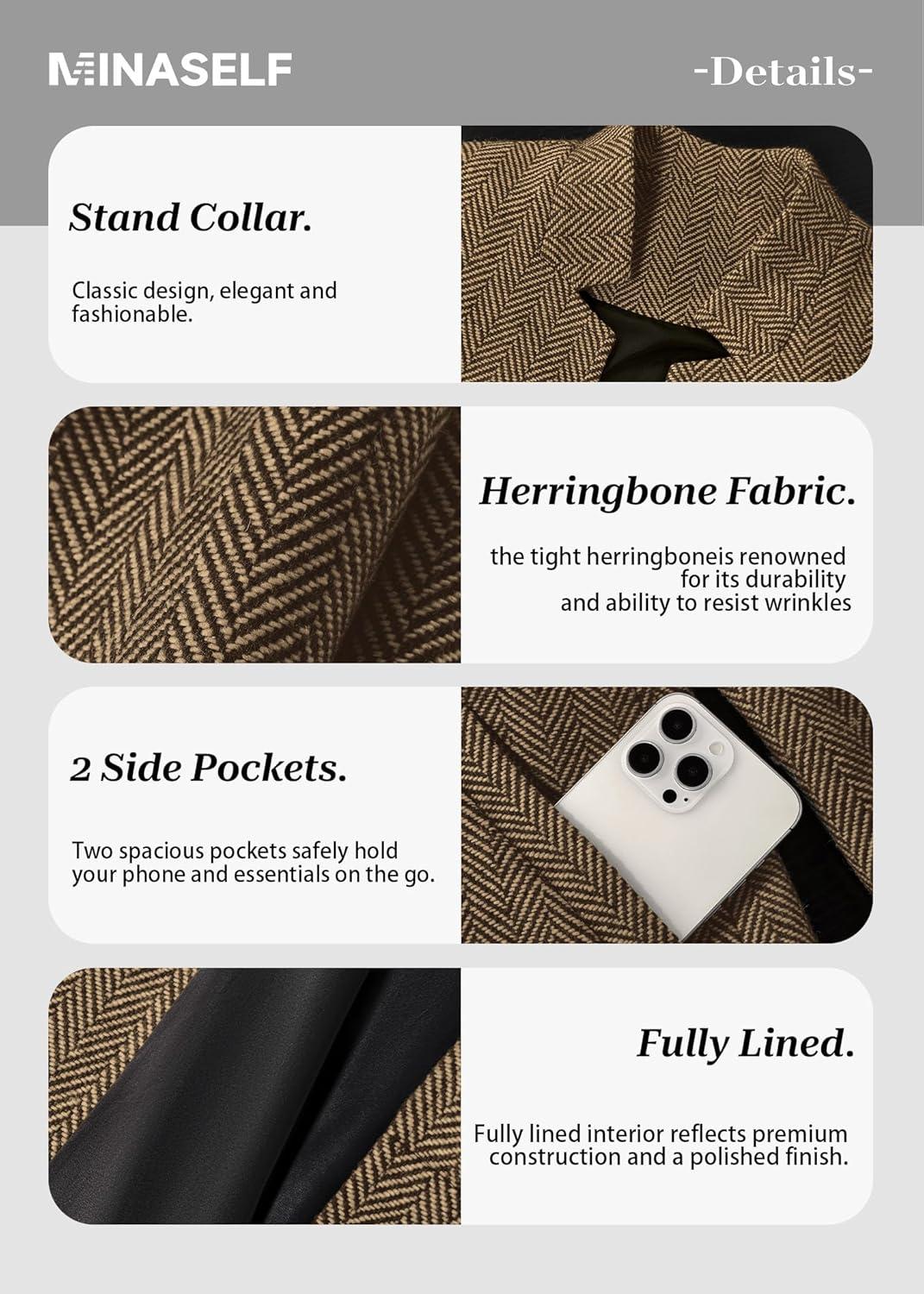 imageMina Self 2026 Spring Womens Tweed Plaid Blazer Jacket Fully Lined Open Front Stand Collar Casual Fashion Work Office CoatHerringbonekhaki
