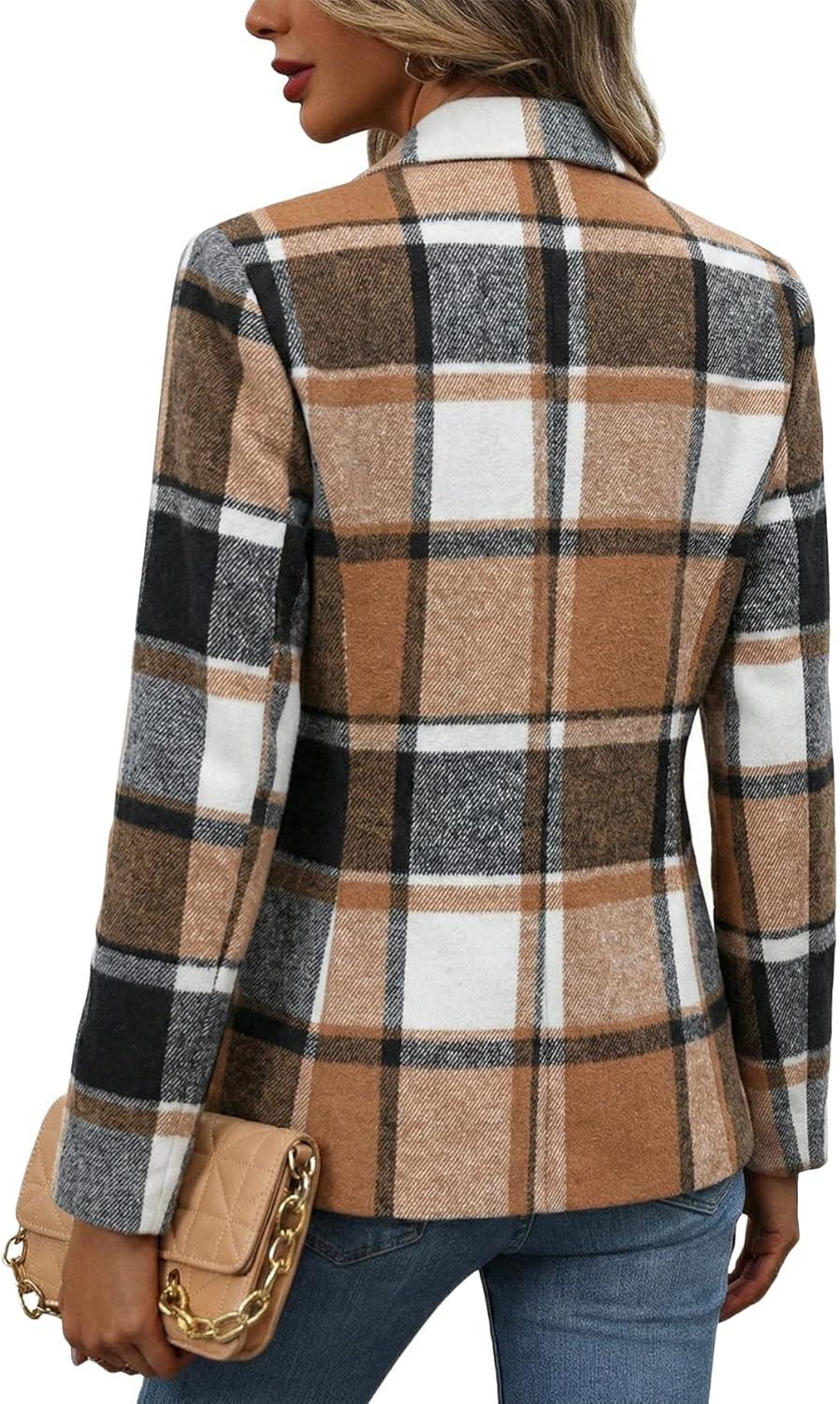 imageMina Self 2026 Spring Womens Tweed Plaid Blazer Jacket Fully Lined Open Front Stand Collar Casual Fashion Work Office CoatKhakibrownFlannel