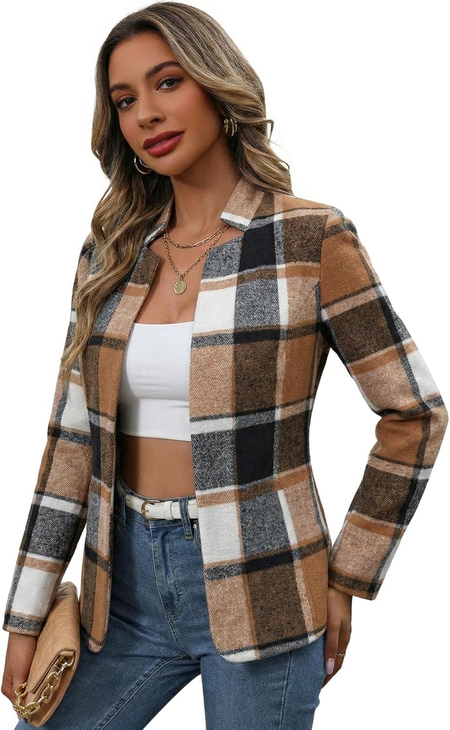 imageMina Self 2026 Spring Womens Tweed Plaid Blazer Jacket Fully Lined Open Front Stand Collar Casual Fashion Work Office CoatKhakibrownFlannel