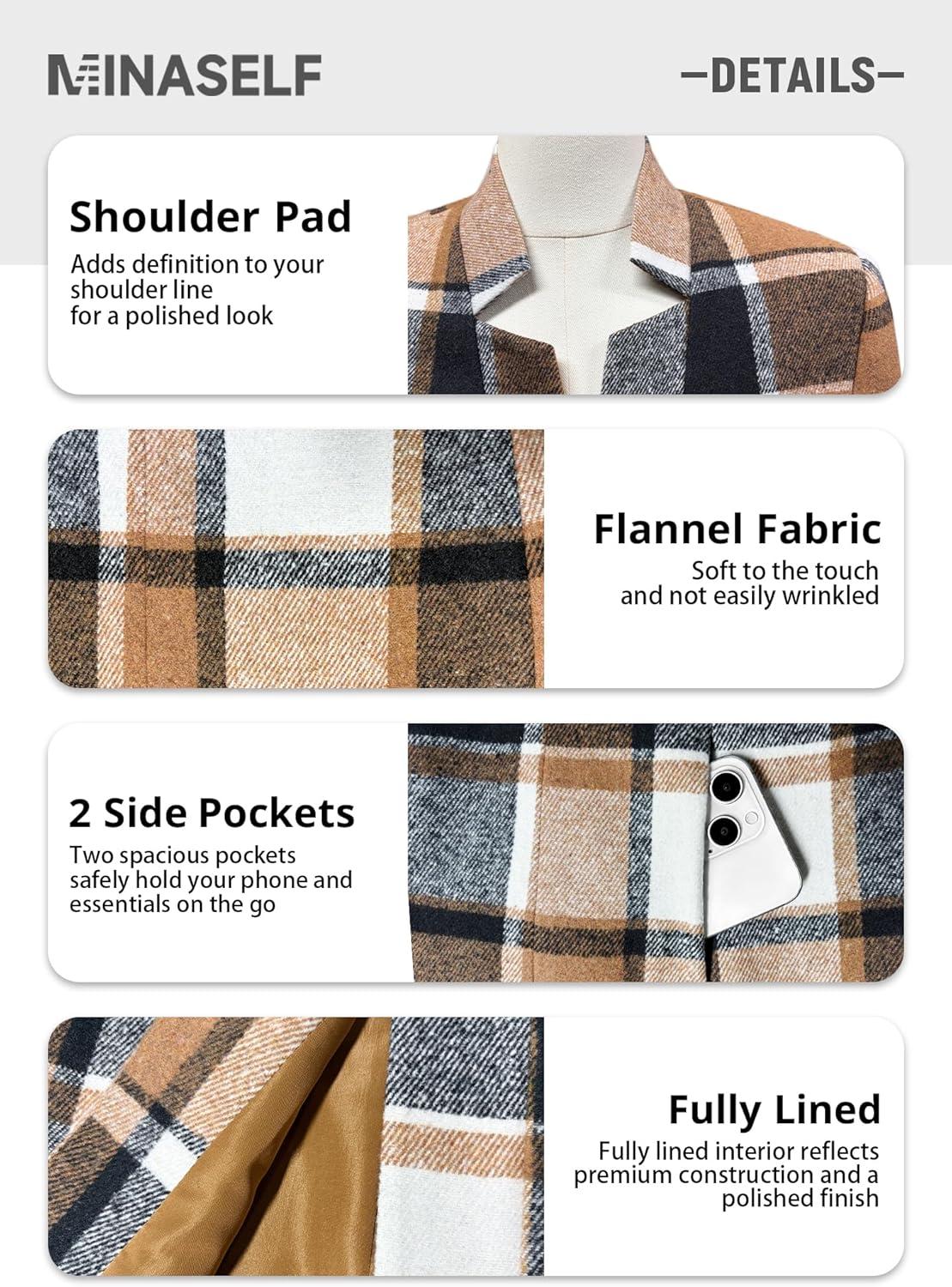 imageMina Self 2026 Spring Womens Tweed Plaid Blazer Jacket Fully Lined Open Front Stand Collar Casual Fashion Work Office CoatKhakibrownFlannel