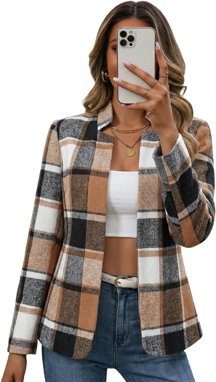 imageMina Self 2026 Spring Womens Tweed Plaid Blazer Jacket Fully Lined Open Front Stand Collar Casual Fashion Work Office CoatKhakibrownFlannel