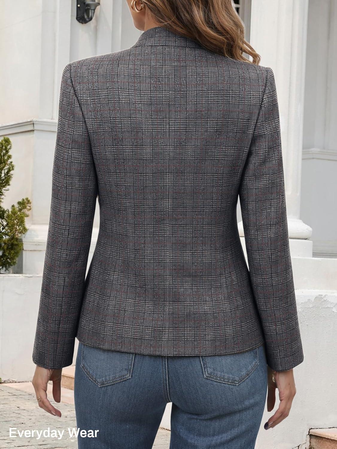 imageMina Self 2026 Spring Womens Tweed Plaid Blazer Jacket Fully Lined Open Front Stand Collar Casual Fashion Work Office CoatPlaid Black