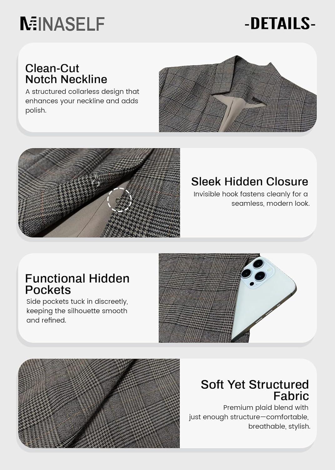 imageMina Self 2026 Spring Womens Tweed Plaid Blazer Jacket Fully Lined Open Front Stand Collar Casual Fashion Work Office CoatPlaid Black