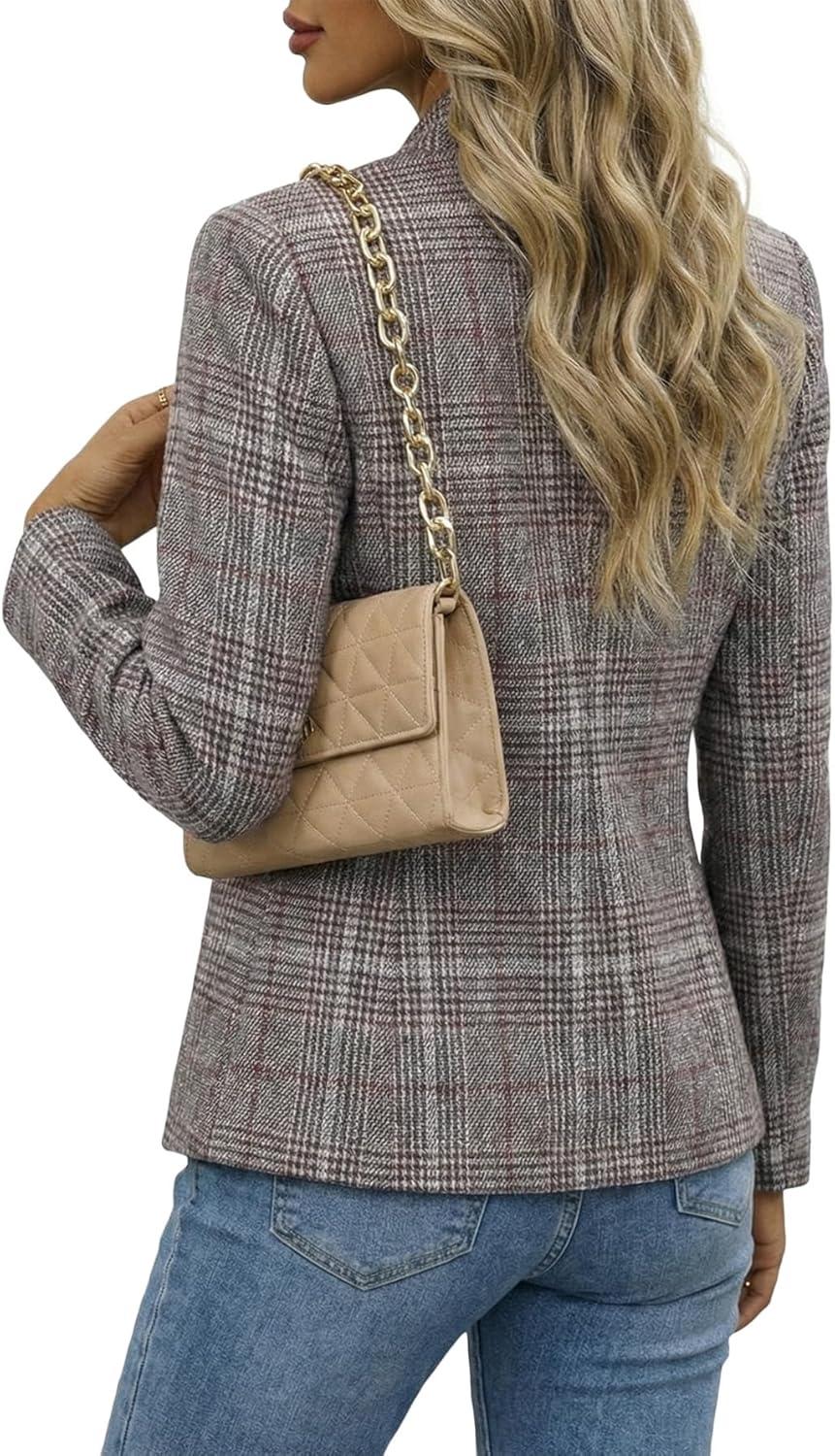 imageMina Self 2026 Spring Womens Tweed Plaid Blazer Jacket Fully Lined Open Front Stand Collar Casual Fashion Work Office CoatPlaidRedbrown