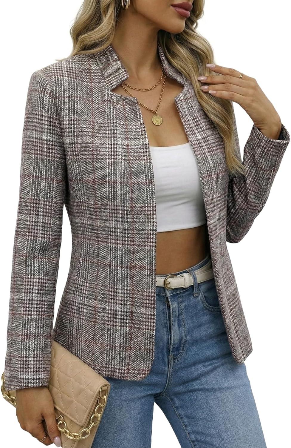 imageMina Self 2026 Spring Womens Tweed Plaid Blazer Jacket Fully Lined Open Front Stand Collar Casual Fashion Work Office CoatPlaidRedbrown