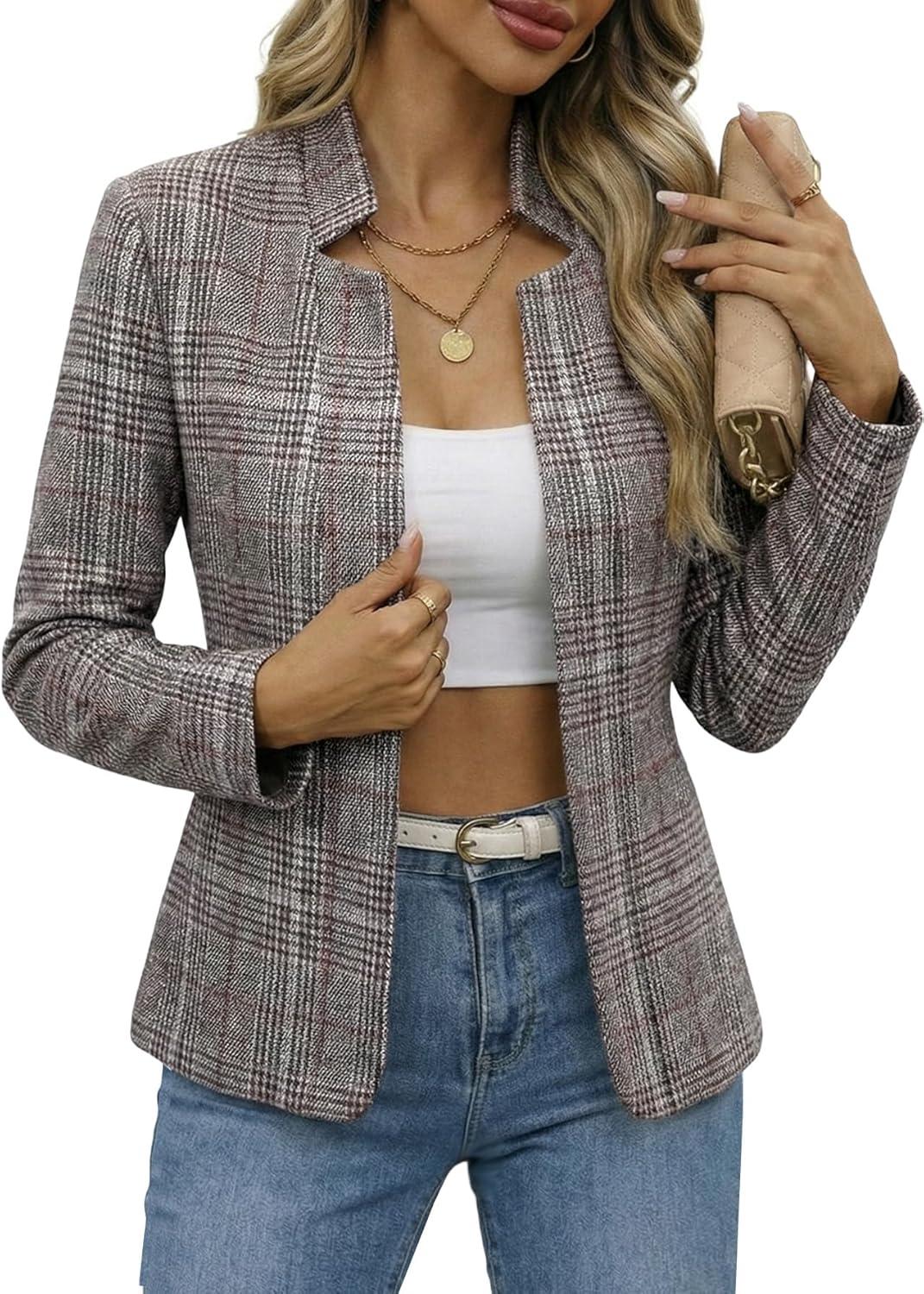 imageMina Self 2026 Spring Womens Tweed Plaid Blazer Jacket Fully Lined Open Front Stand Collar Casual Fashion Work Office CoatPlaidRedbrown