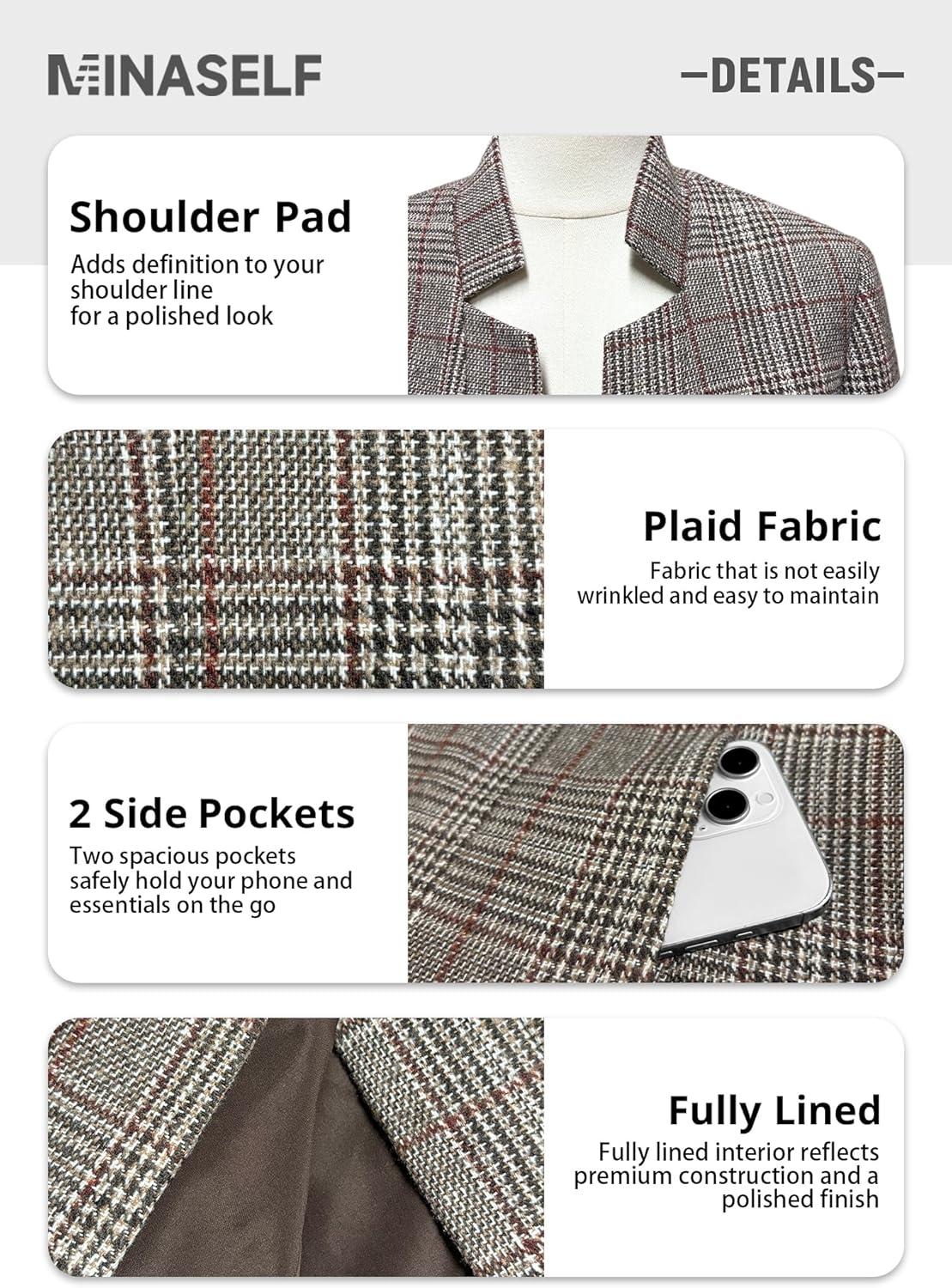 imageMina Self 2026 Spring Womens Tweed Plaid Blazer Jacket Fully Lined Open Front Stand Collar Casual Fashion Work Office CoatPlaidRedbrown