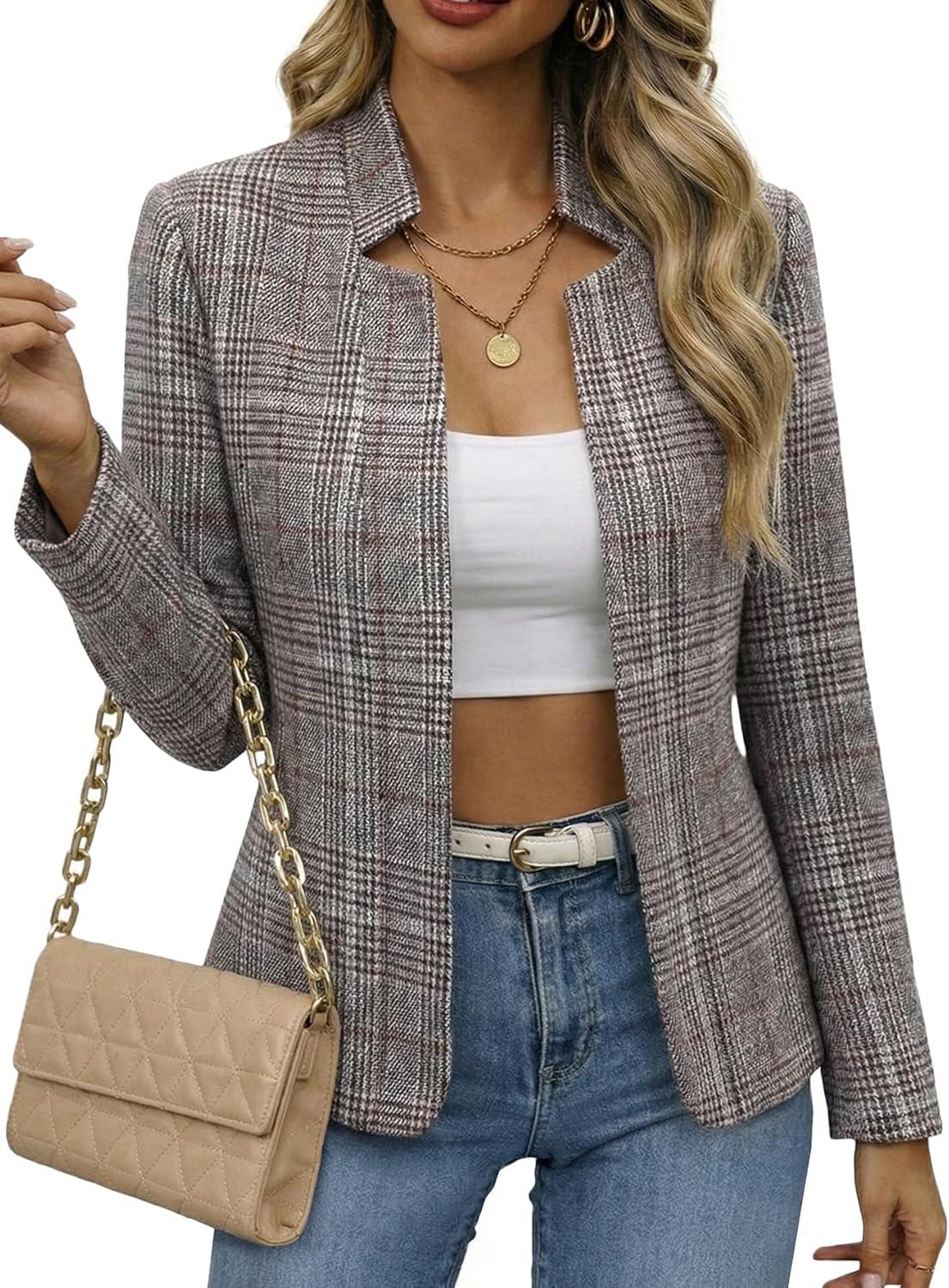 imageMina Self 2026 Spring Womens Tweed Plaid Blazer Jacket Fully Lined Open Front Stand Collar Casual Fashion Work Office CoatPlaidRedbrown