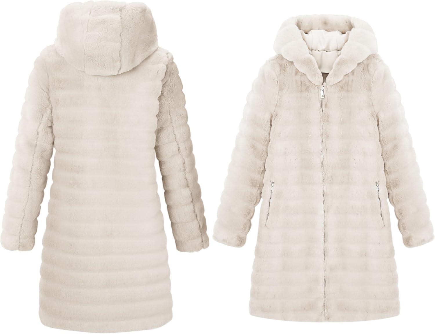 imageRISISSIDA Women Long Faux Fur Coat Fuzzy Jacket Hooded Winter Fall Warm OvercoatBeigehorizontal Texture