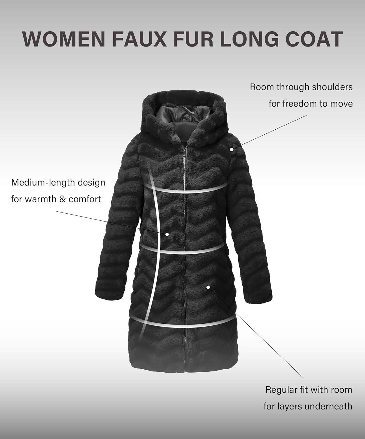 imageRISISSIDA Women Long Faux Fur Coat Fuzzy Jacket Hooded Winter Fall Warm OvercoatBlackwave Texture