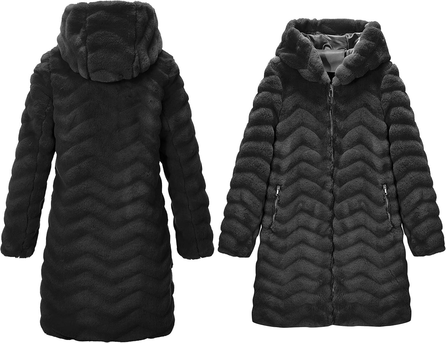 imageRISISSIDA Women Long Faux Fur Coat Fuzzy Jacket Hooded Winter Fall Warm OvercoatBlackwave Texture