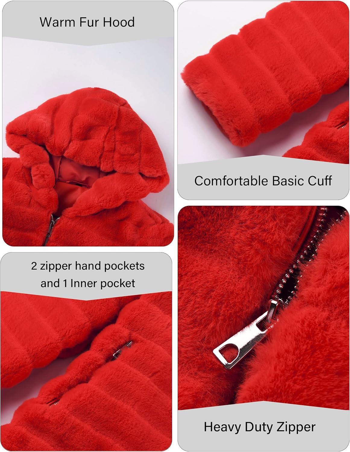 imageRISISSIDA Women Long Faux Fur Coat Fuzzy Jacket Hooded Winter Fall Warm OvercoatBright Redhorizontal Texture