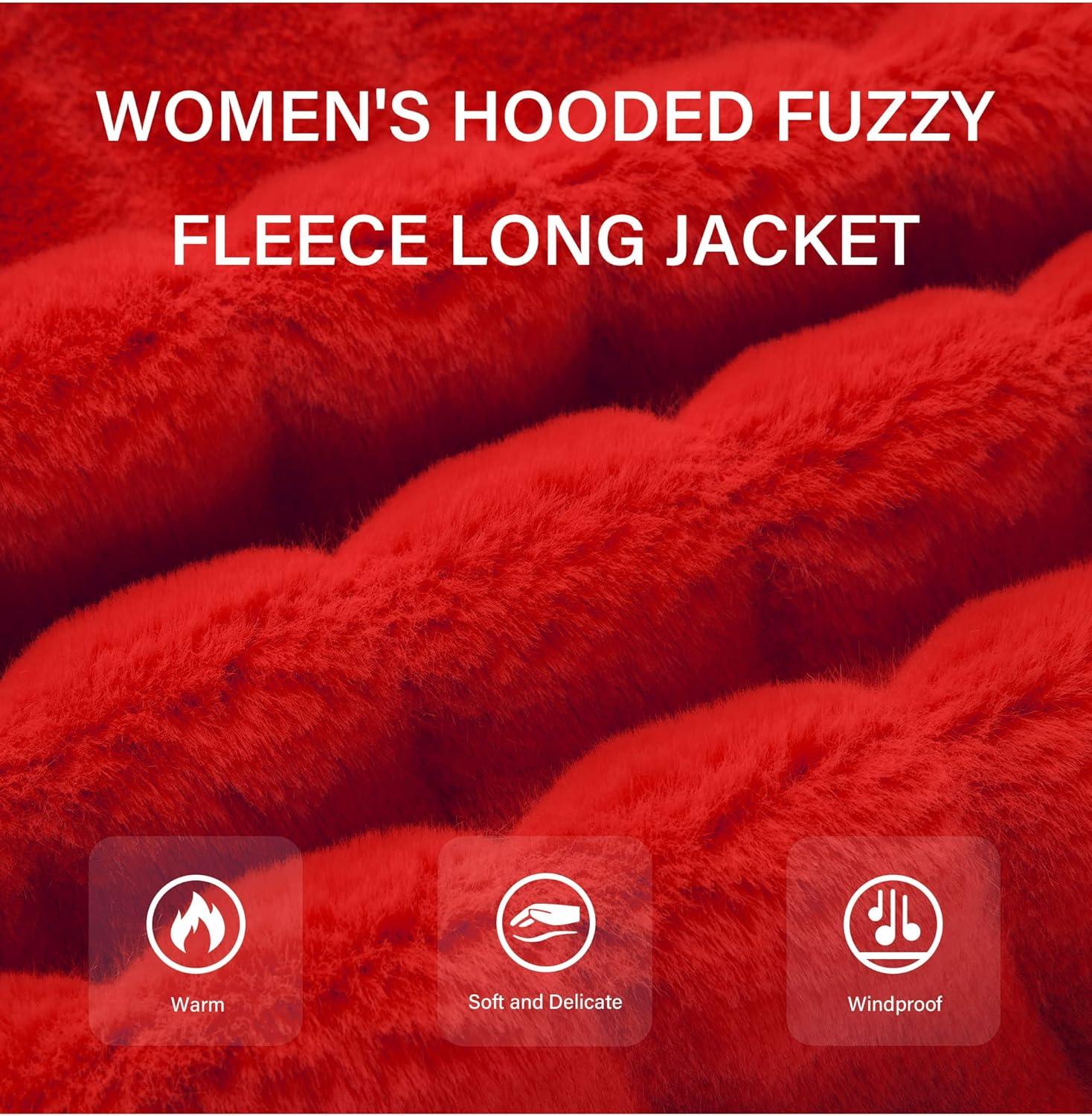 imageRISISSIDA Women Long Faux Fur Coat Fuzzy Jacket Hooded Winter Fall Warm OvercoatBright Redhorizontal Texture