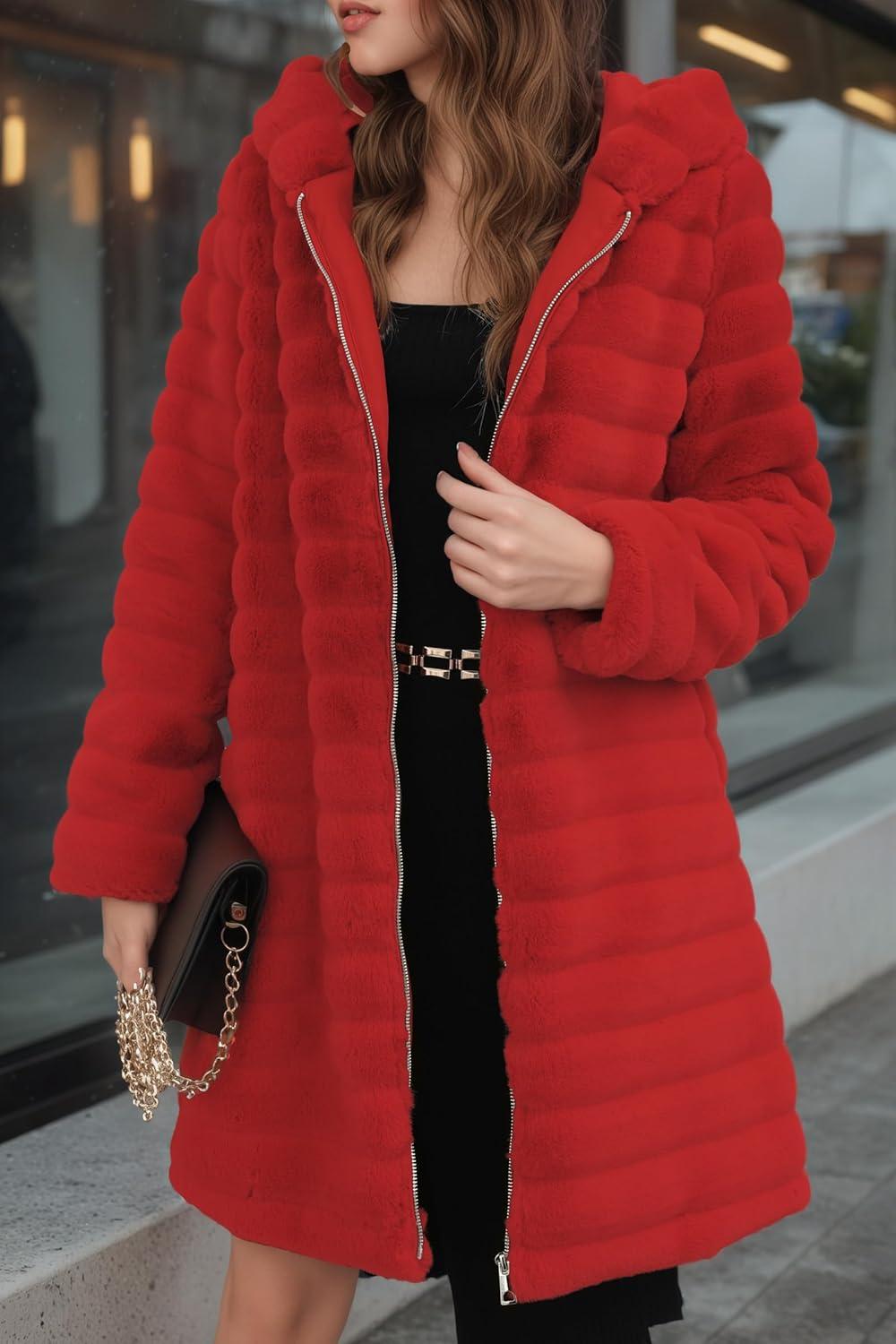 imageRISISSIDA Women Long Faux Fur Coat Fuzzy Jacket Hooded Winter Fall Warm OvercoatBright Redhorizontal Texture
