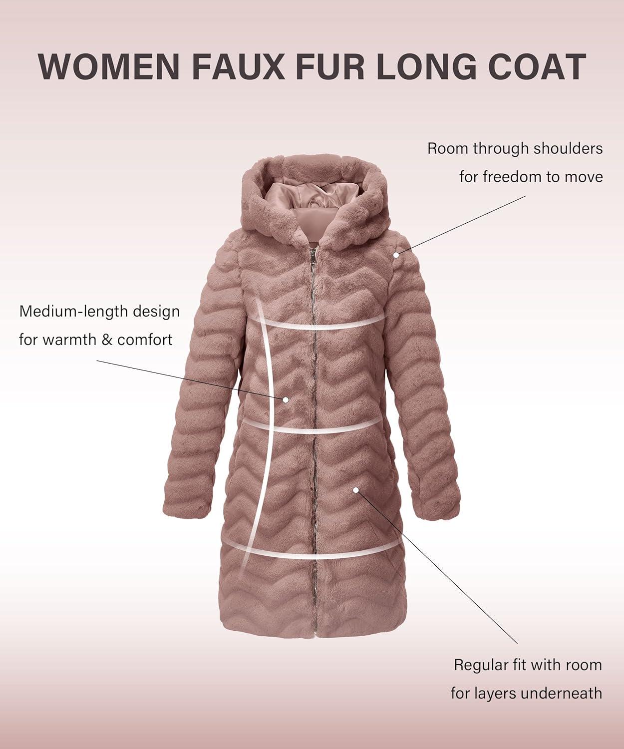 imageRISISSIDA Women Long Faux Fur Coat Fuzzy Jacket Hooded Winter Fall Warm OvercoatBrown Pinkwave Texture