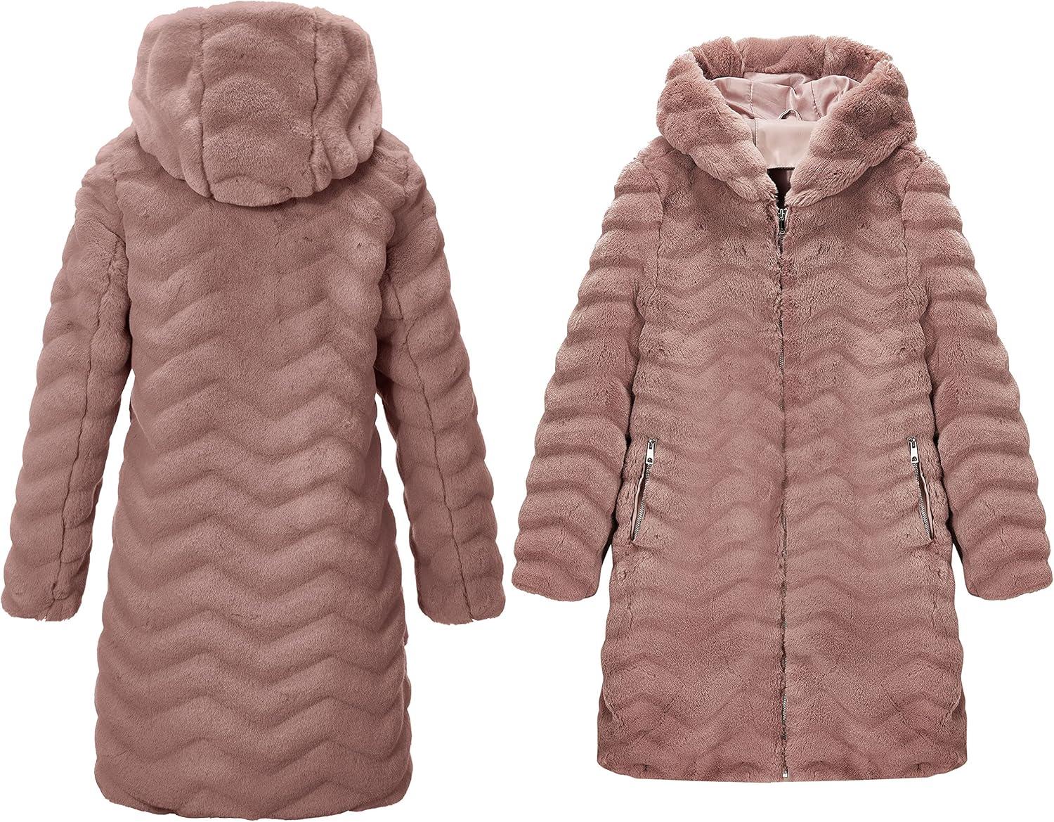 imageRISISSIDA Women Long Faux Fur Coat Fuzzy Jacket Hooded Winter Fall Warm OvercoatBrown Pinkwave Texture